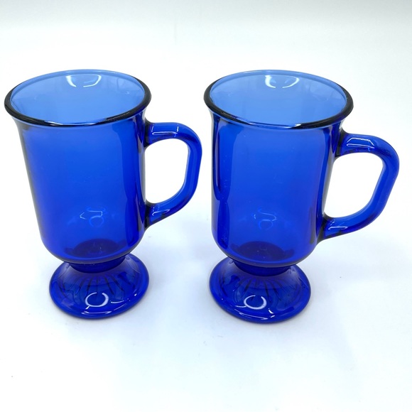 Vintage Anchor Hocking Cobalt Blue Footed 7oz Irish Coffee Mug Lot of 2 - Picture 1 of 7